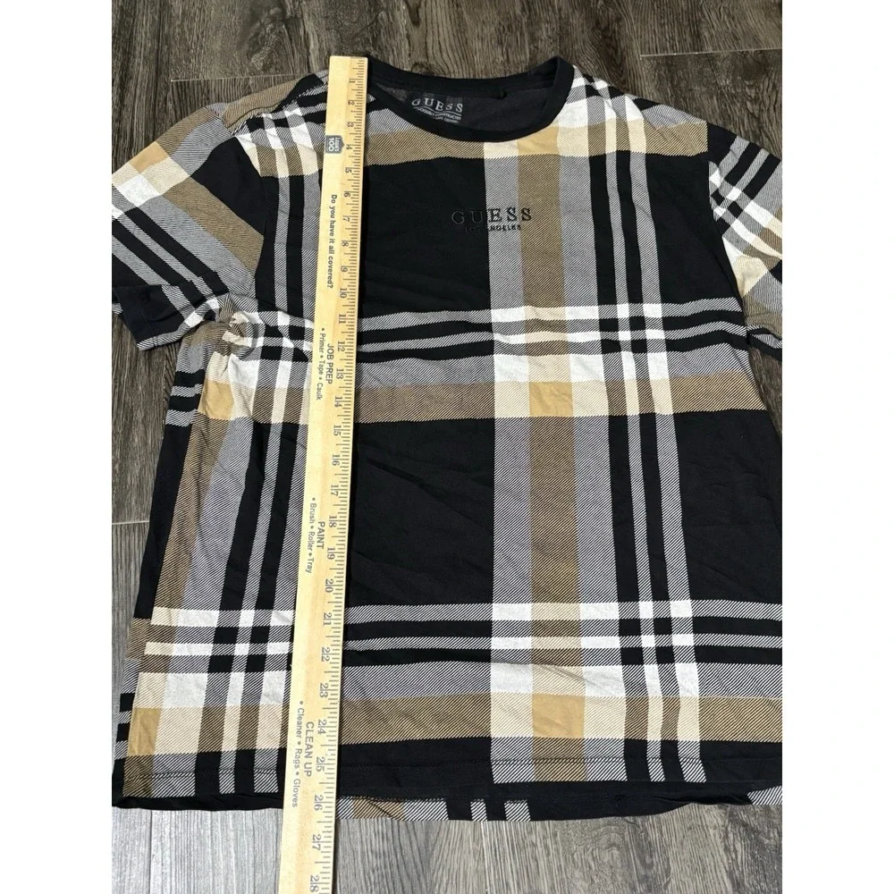 GUESS Plaid Logo Men's T-Shirt XL Brown Black White Short Sleeve Embroidered Med - Picture 2 of 7